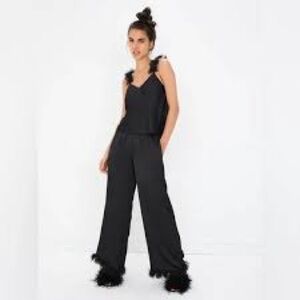 For Love And Lemons Floral Trim Black Satin Pajama Set Size Small